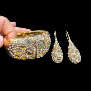 Vintage Rare Alexis Bittar Gold Crystal Bracelet and Teardrop Earrings with bags